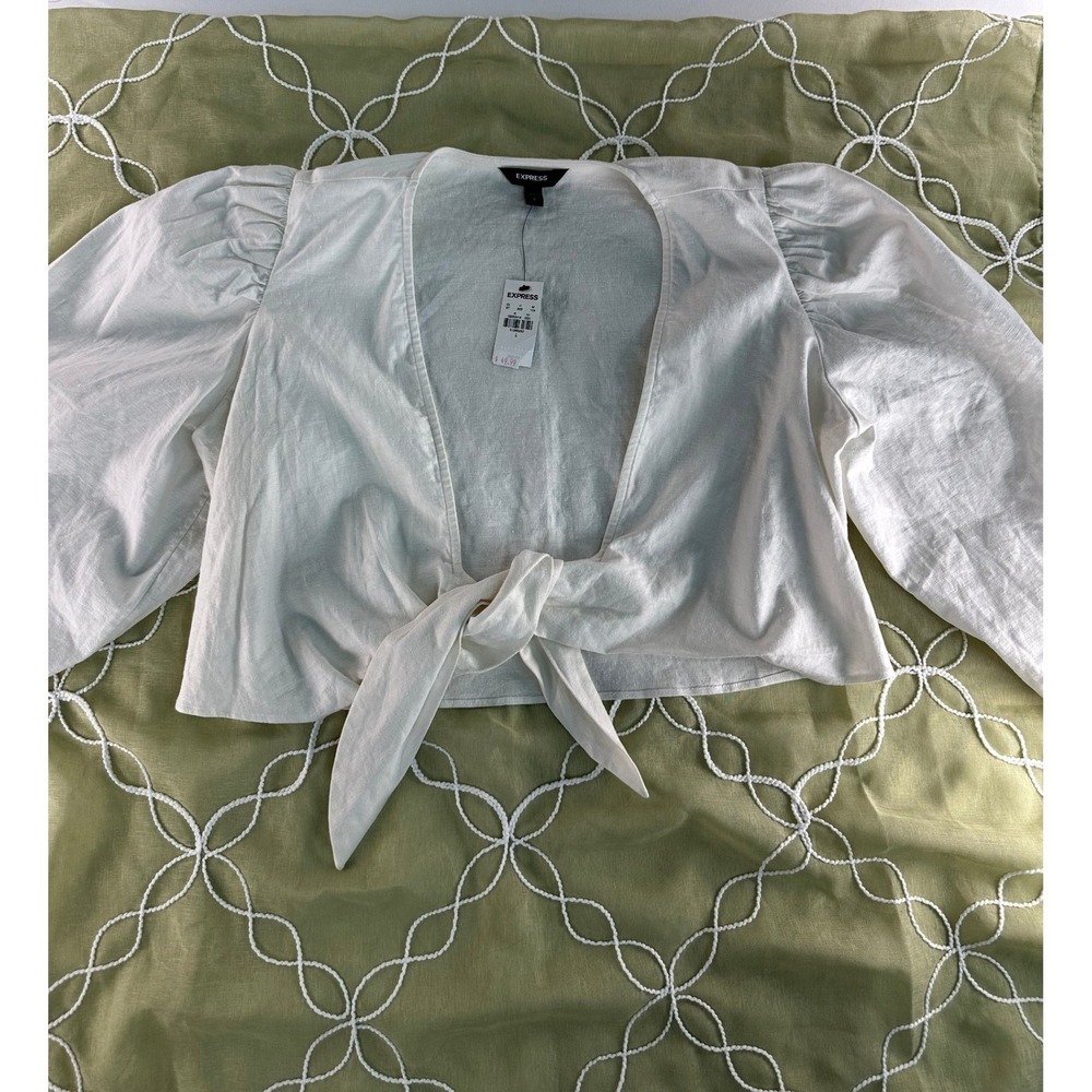 Express Women White Linen Blend Puff Sleeve Tie Front Crop Top Large NWT
